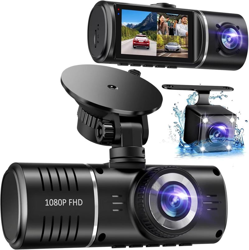 SUVCON Dash Cam Front and Rear, 1080P Dash Camera for Cars, 3 Channel Car Camera Front Rear and Inside with 32GB Card, Loop Recording, Night Vision, HDR, 24Hr Parking, G-Sensor - Image 1